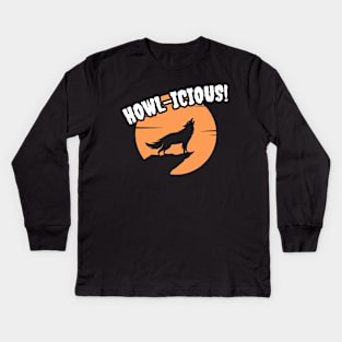 Trick-or-Treat Time: Join the 'Howl-icious' Candy Hunt! Kids Long Sleeve T-Shirt